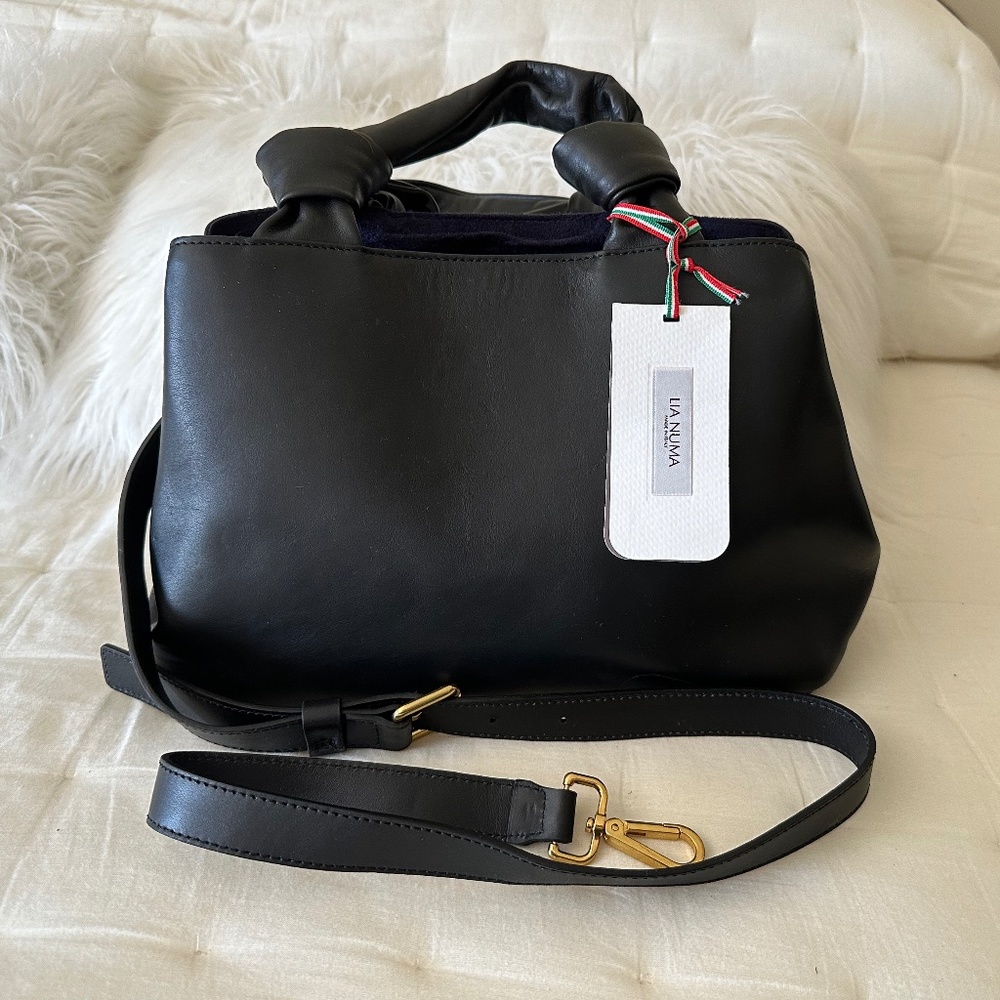 NWT Italian Black Leather Satchel with Shoulder Strap